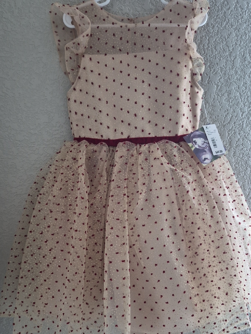 Blueberi Boulevard Cream Tulle Dress with Burgundy Dot Accents